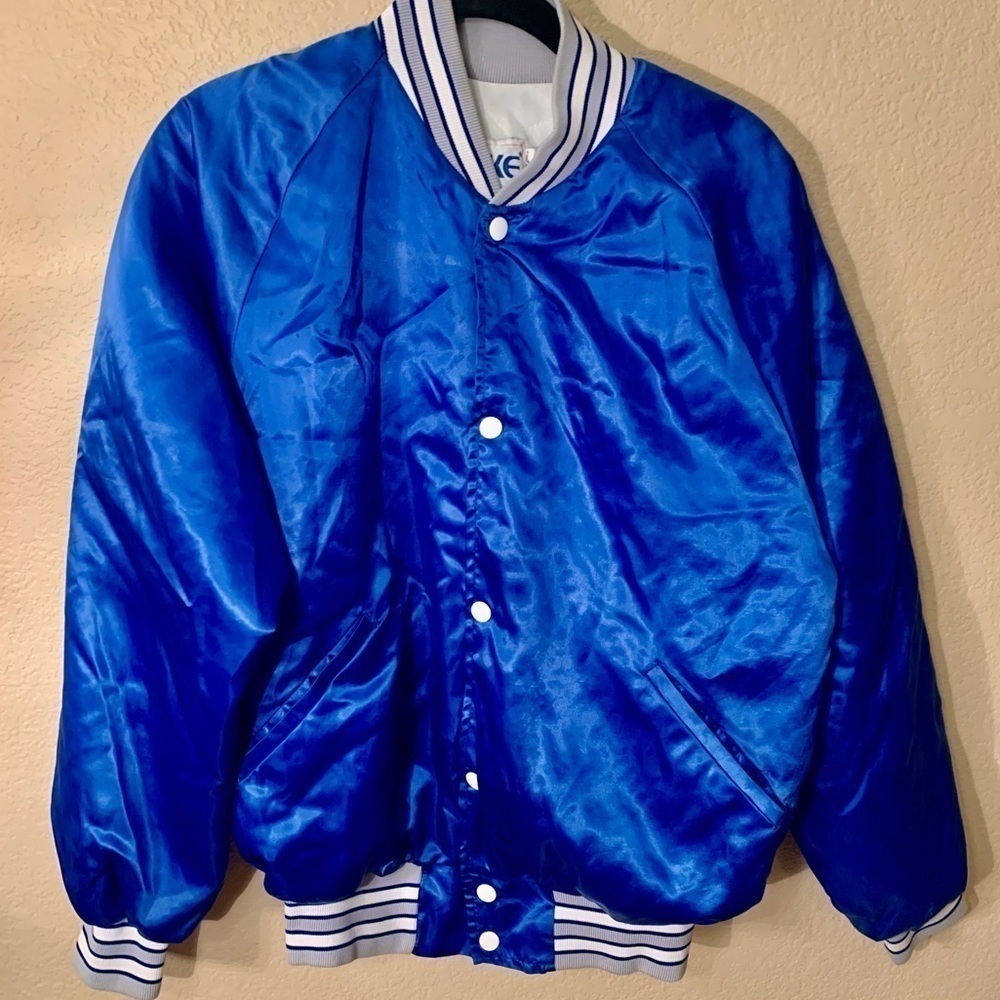 RARE Vintage BIKE Jacket Medium Blue Satin Unisex Grey White Band Trim Made USA